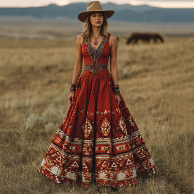 Fashionable Womens Sexy V-Neck Printed Bohemian Dress