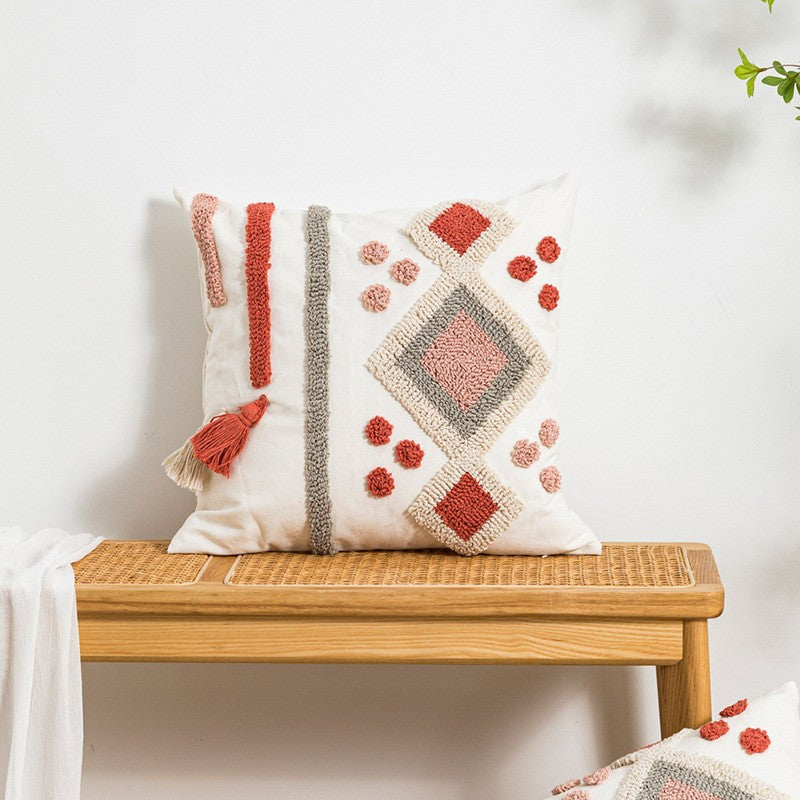 Bohemian-style Circular Velvet Embroidered Ethnic Tassel Throw Pillow Cover