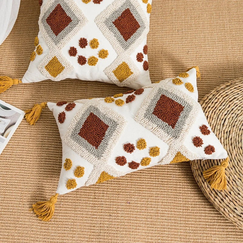 Bohemian-style Circular Velvet Embroidered Ethnic Tassel Throw Pillow Cover
