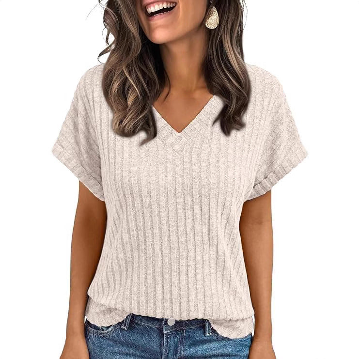 Women's V-Neck Corduroy Short-Sleeve Top