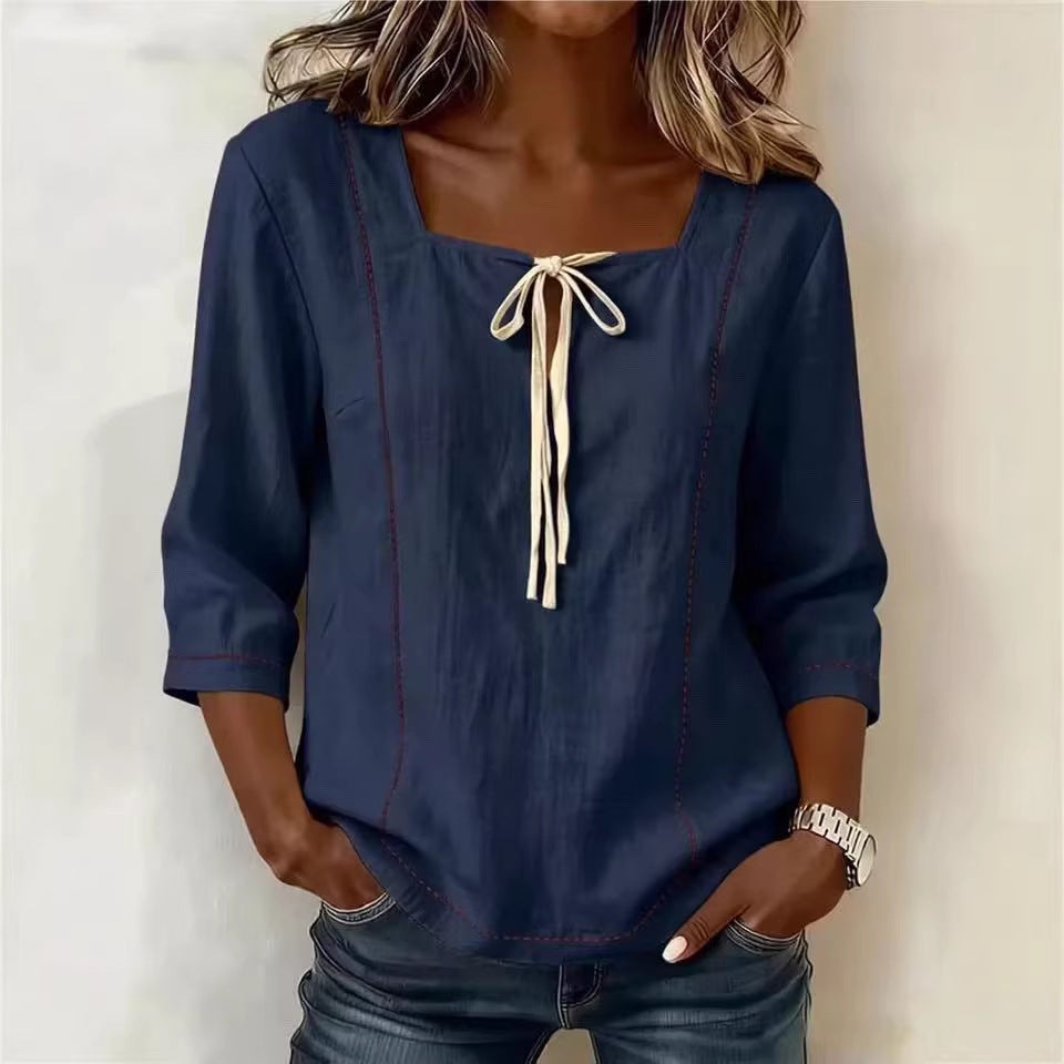 Printed Lace-Up Square-Neck Mid-Sleeve Womens Shirt