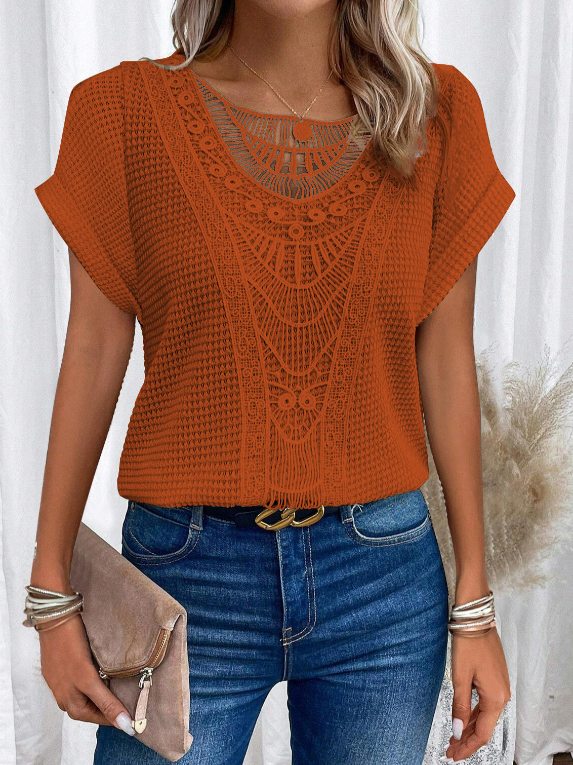Women's Hollow-Out Ethnic Style Short-Sleeve Top