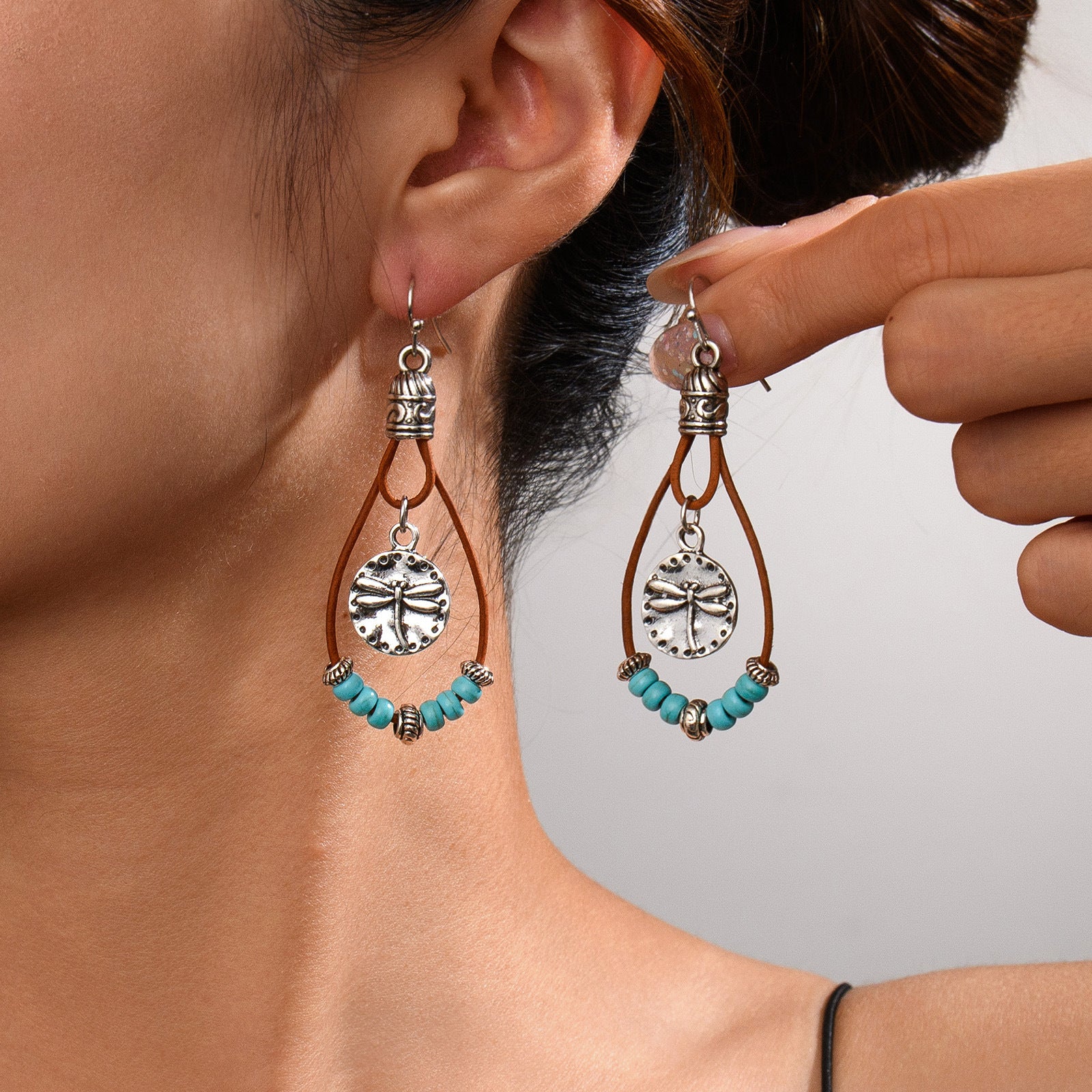 Vintage Earrings Ethnic Style Antique Silver Flower Turquoise Rope Pendant Women's Jewelry