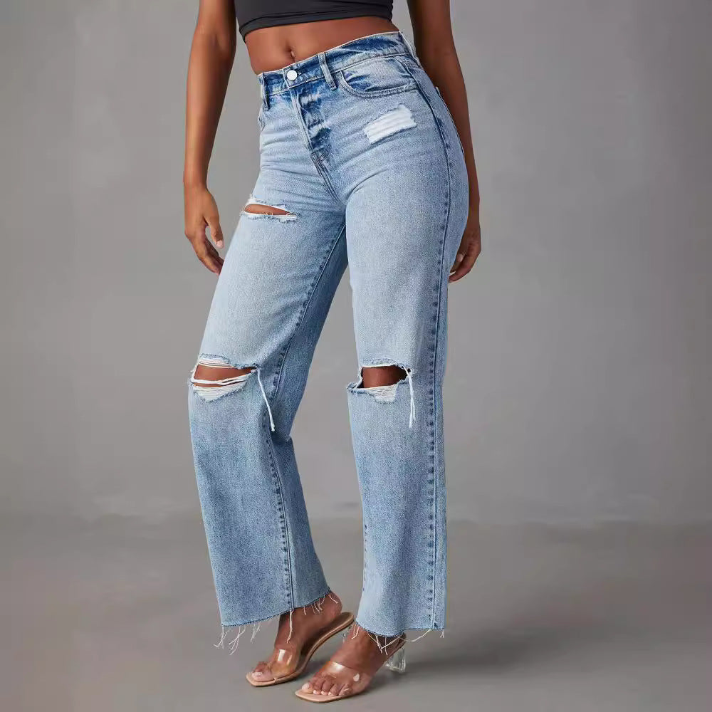 Women's High-Waist Ripped Raw-Hem Straight-Leg Jeans