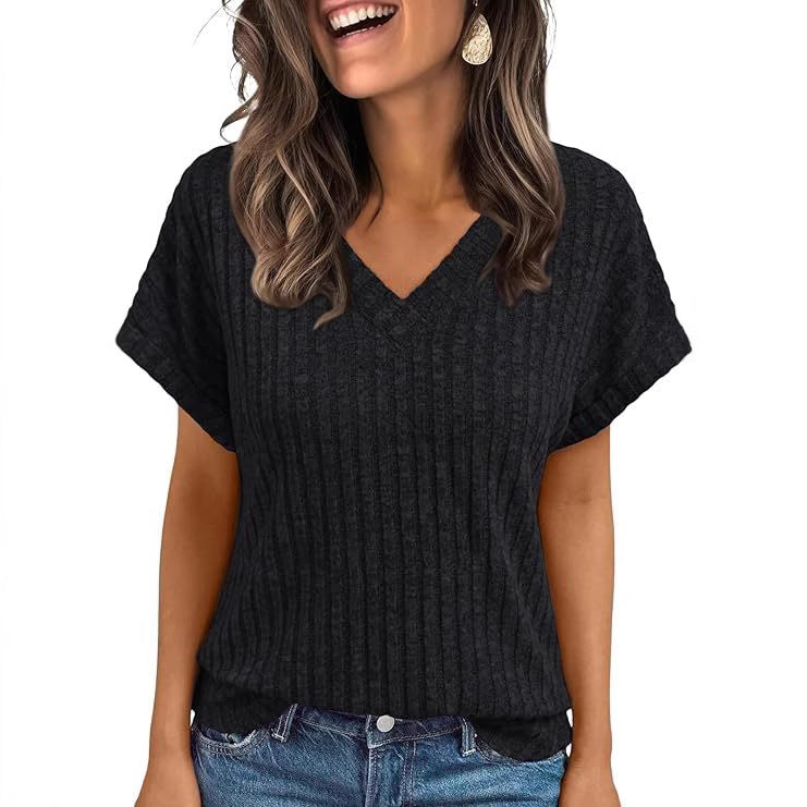 Women's V-Neck Corduroy Short-Sleeve Top