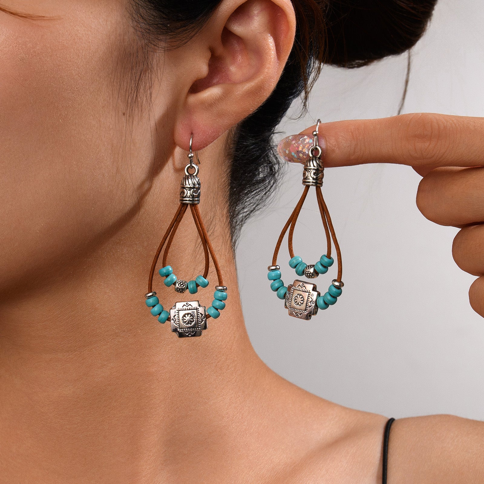 Vintage Earrings Ethnic Style Antique Silver Flower Turquoise Rope Pendant Women's Jewelry