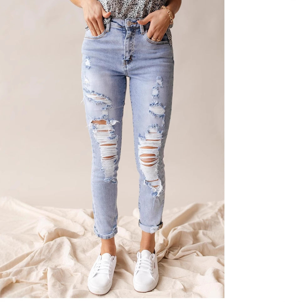 Women's High-Waist Washed Ripped Cropped Skinny Jeans