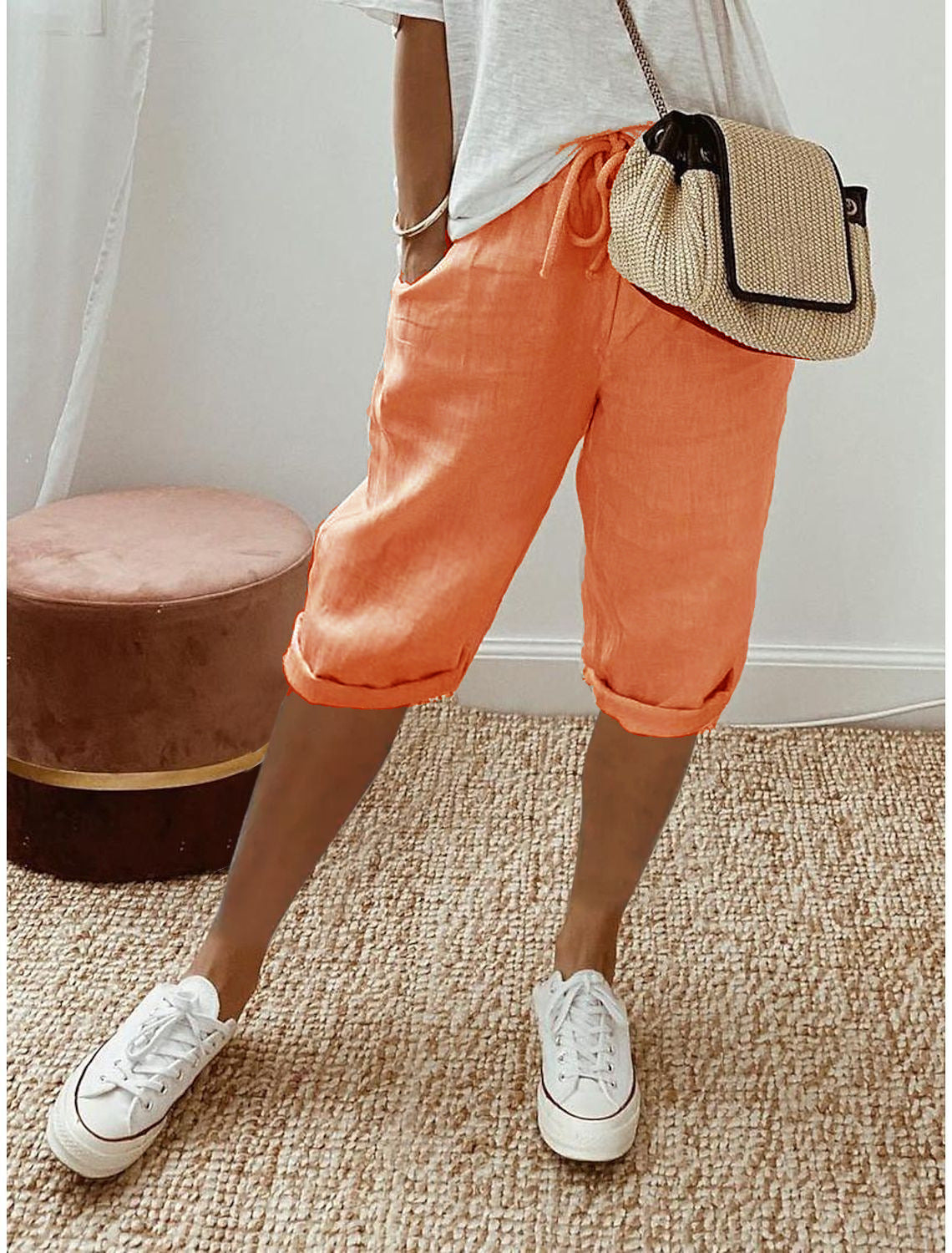 Women's Cotton-Linen Cropped Pants with Pockets