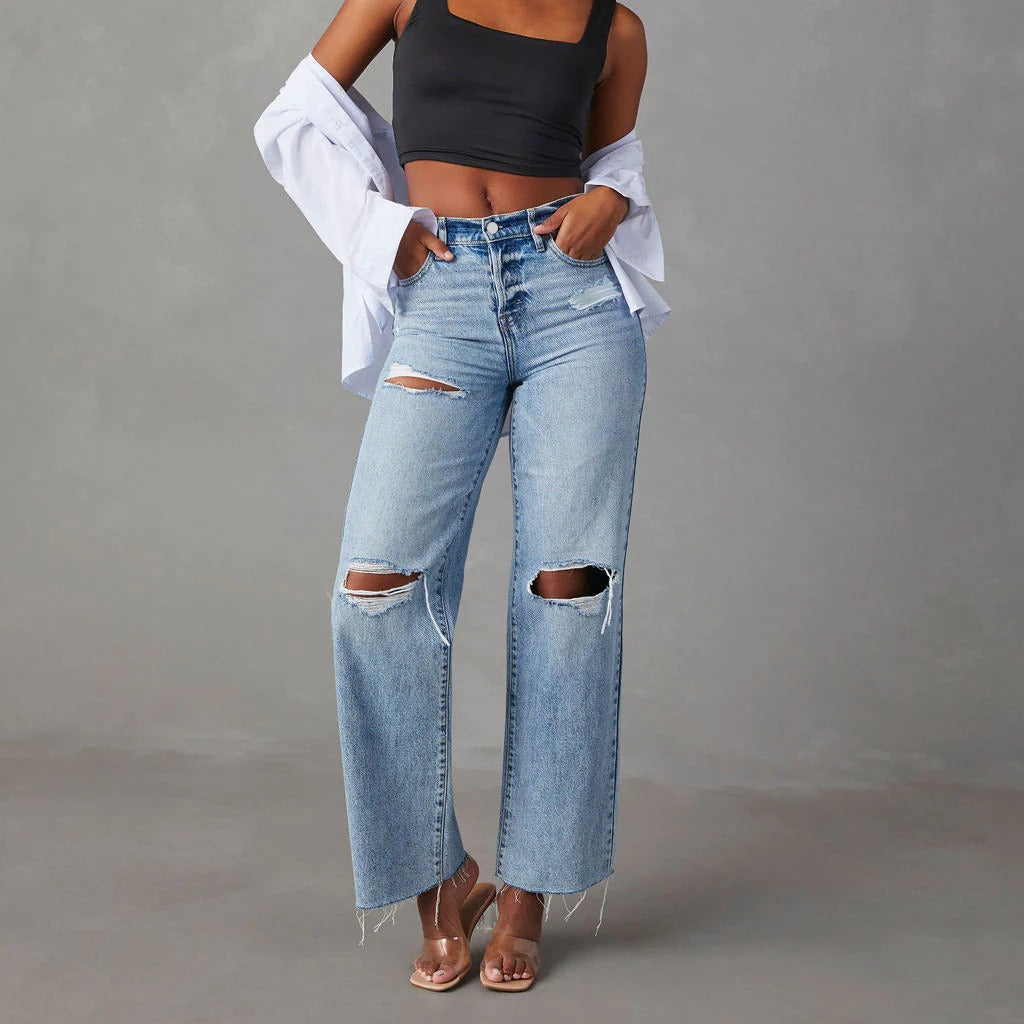 Women's High-Waist Ripped Raw-Hem Straight-Leg Jeans