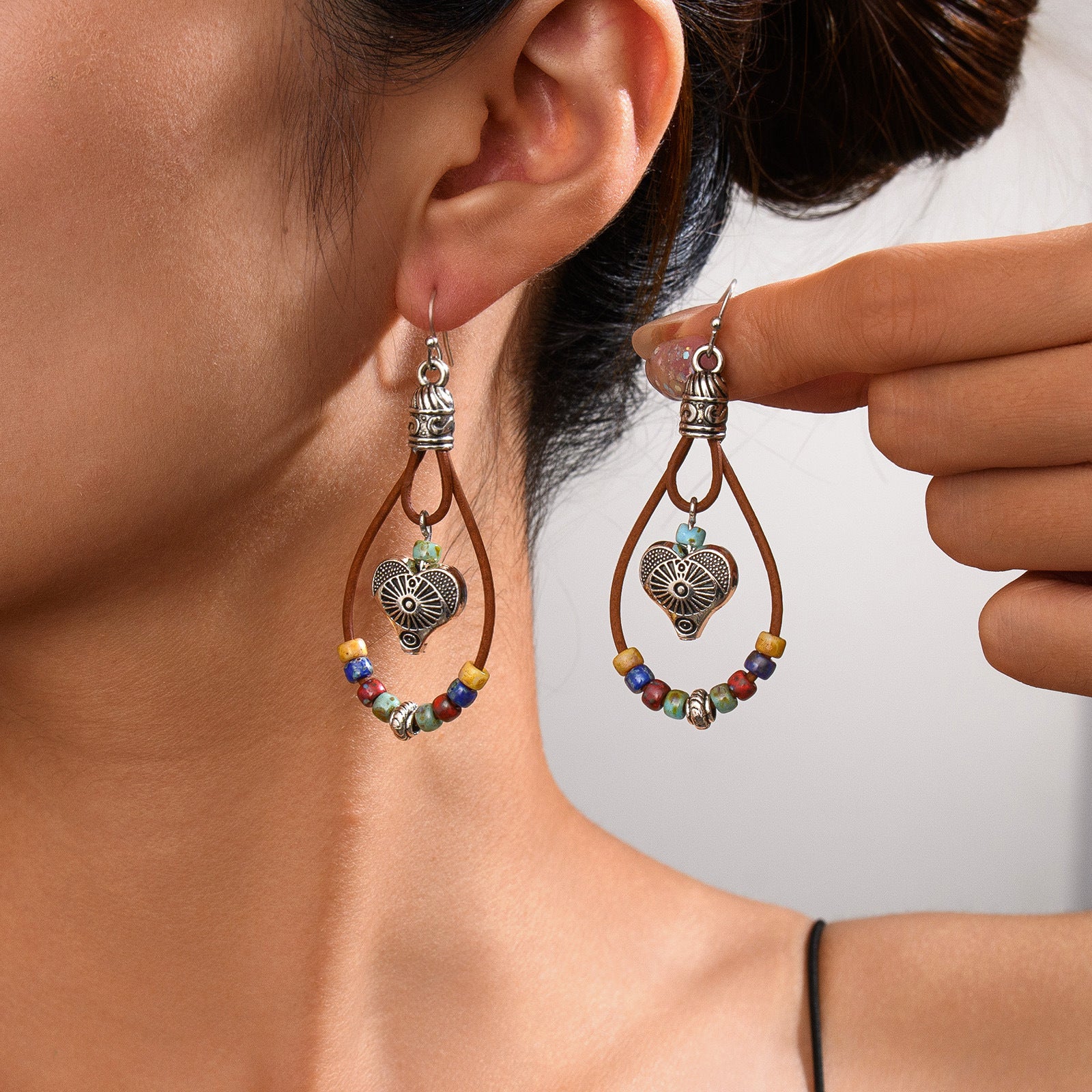 Vintage Earrings Ethnic Style Antique Silver Flower Turquoise Rope Pendant Women's Jewelry