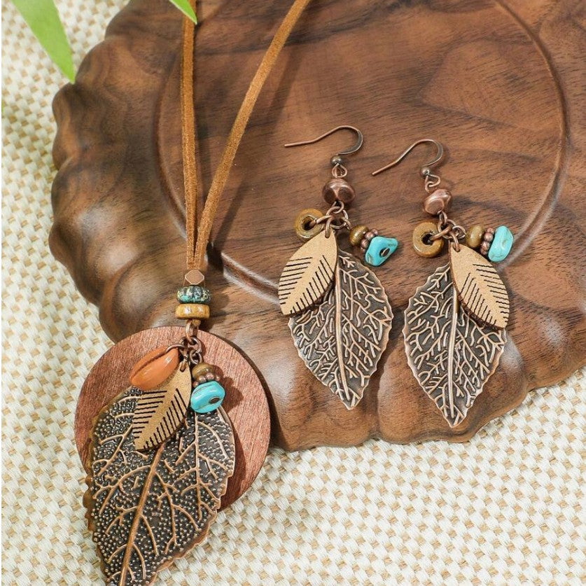 Women's Bohemian Leaf Necklace & Earring Set