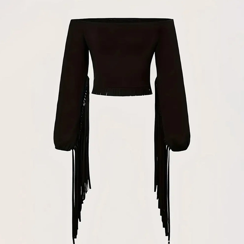 Women's Solid Color Western Cowgirl Style Off-Shoulder Fringe Top - Sexy Slim Fitted Long Sleeve Tassel Blouse