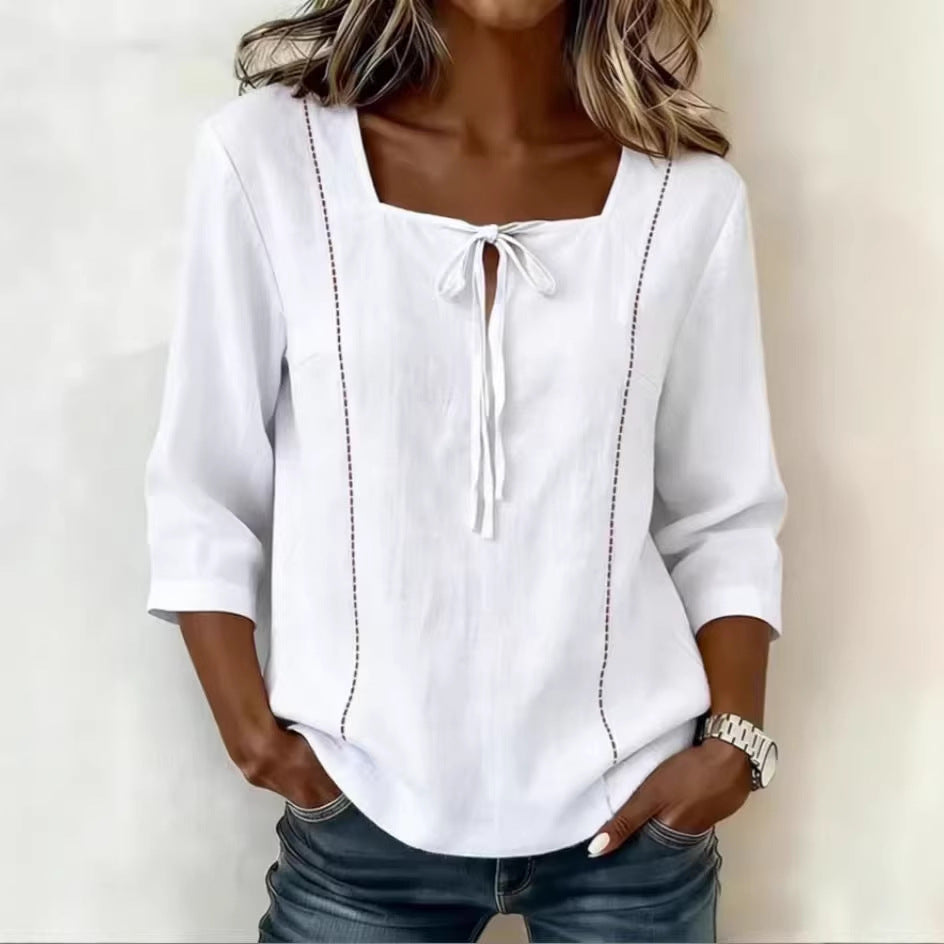 Printed Lace-Up Square-Neck Mid-Sleeve Womens Shirt