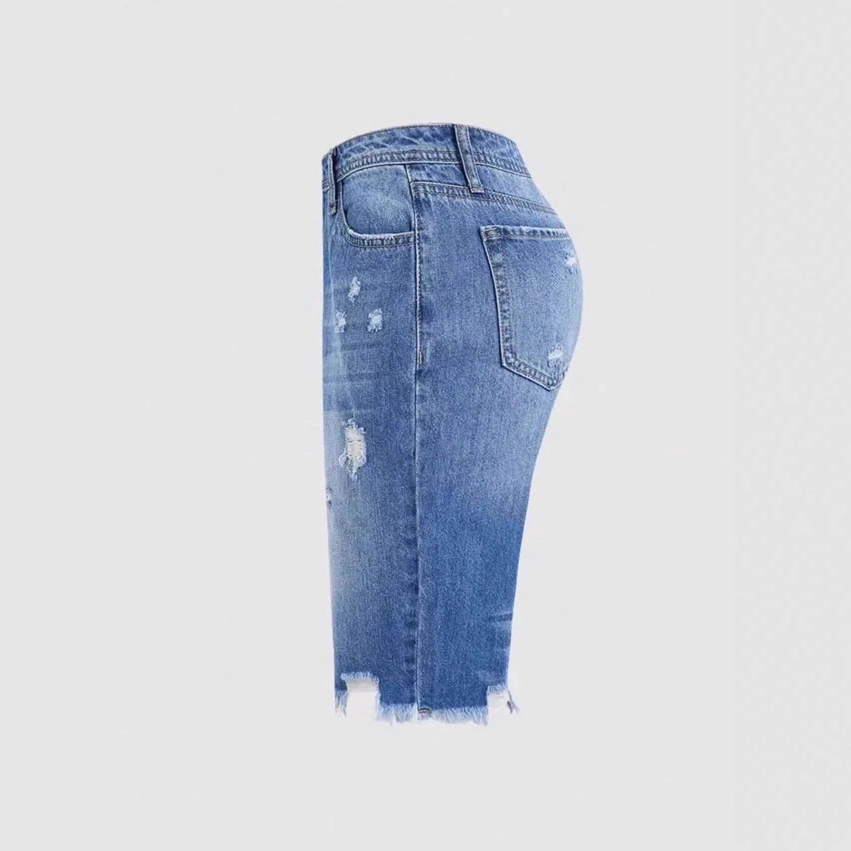 Casual Mid-Length Ripped Denim Shorts