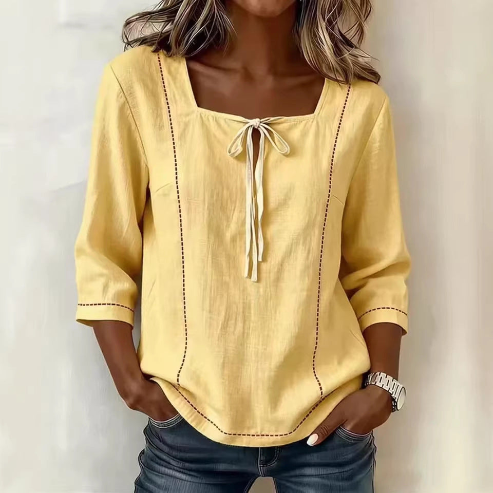 Printed Lace-Up Square-Neck Mid-Sleeve Womens Shirt