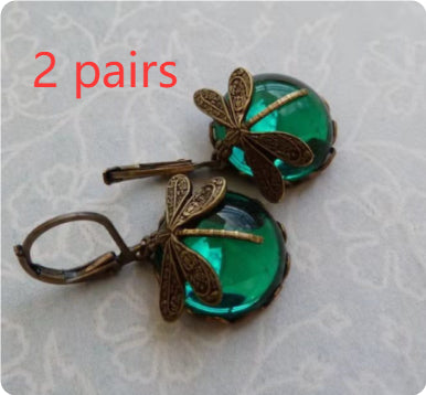 Vintage Dragonfly Earrings Fashion Gold Color Metal Carving Pattern Inlaid Multicolour Moonstone Drop Earrings For Women