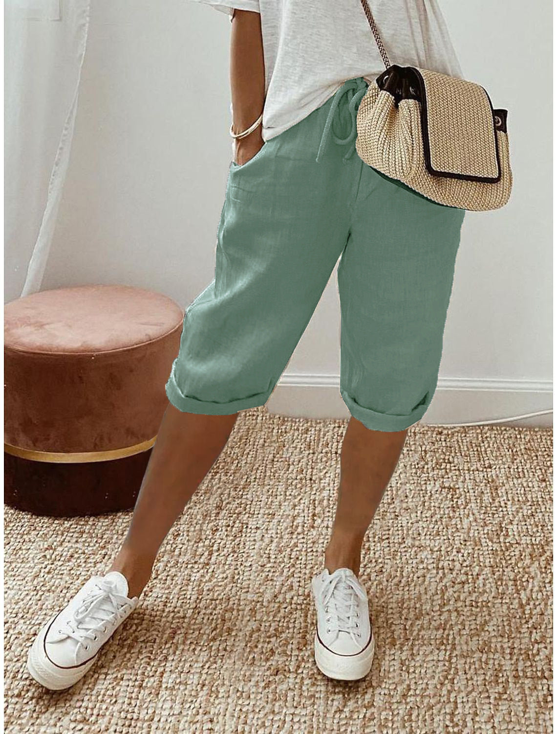 Women's Cotton-Linen Cropped Pants with Pockets
