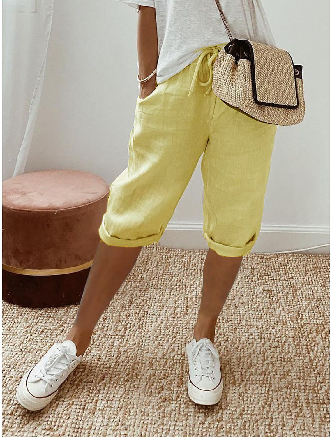 Women's Cotton-Linen Cropped Pants with Pockets