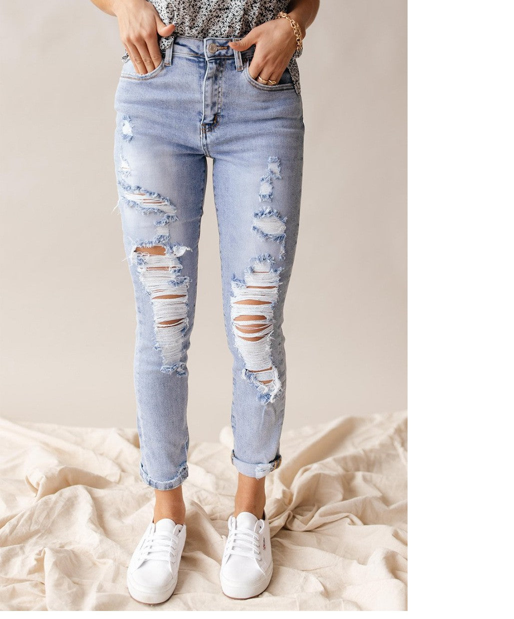 Women's High-Waist Washed Ripped Cropped Skinny Jeans