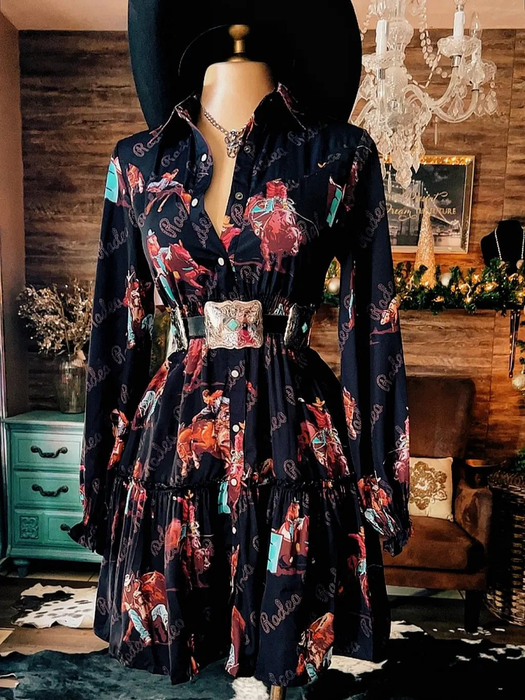 Women's Western Cowboy Printed Long-Sleeve Dress