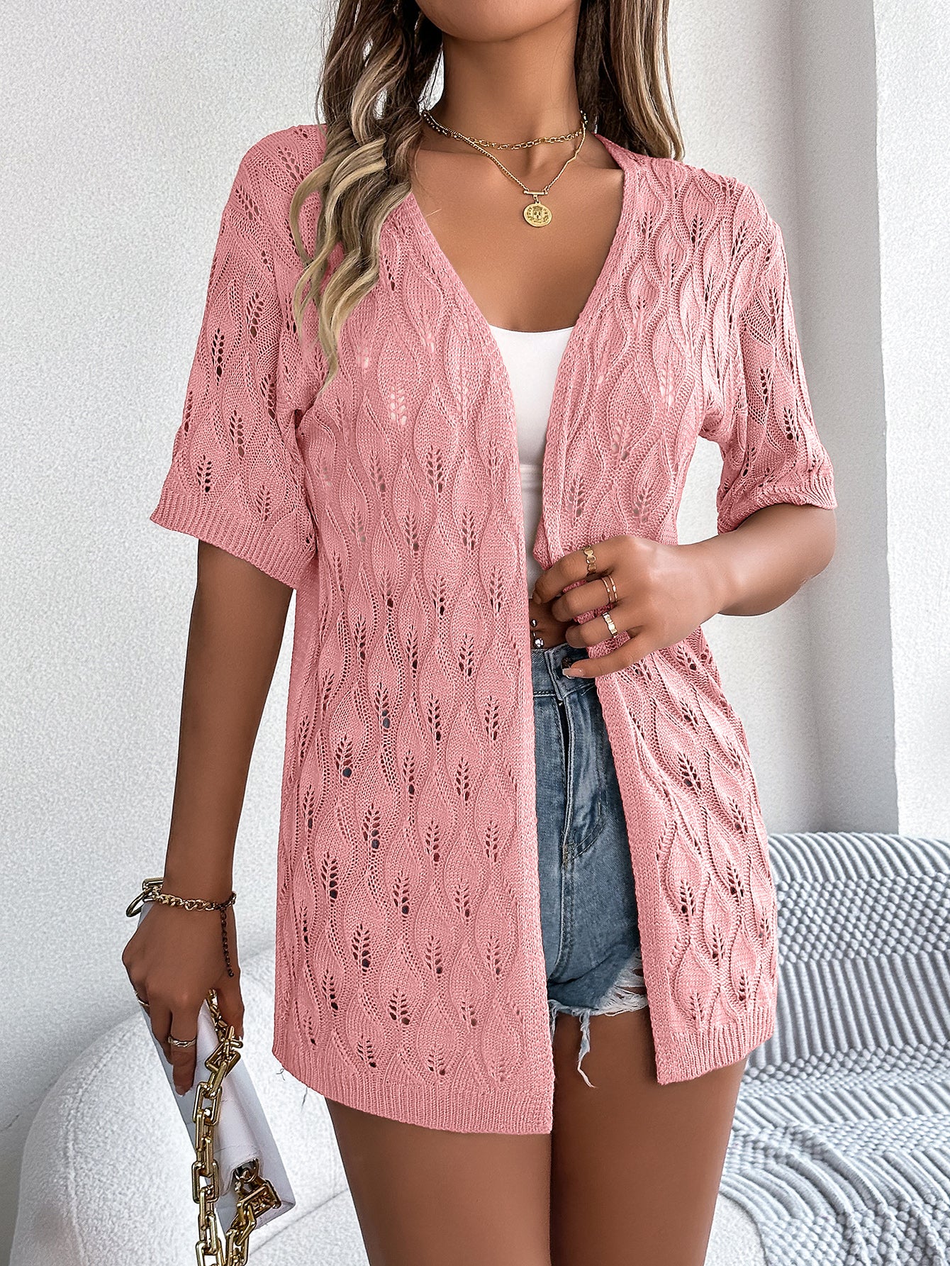 Women's Leaf Hollow-Out Knit Cardigan – Short Sleeve Vacation Cover-Up