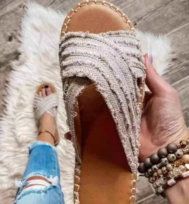Women's Plus-Size Tassel Flat Cross Sandals