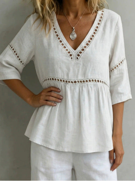 V-Neck Fringe Trim Top