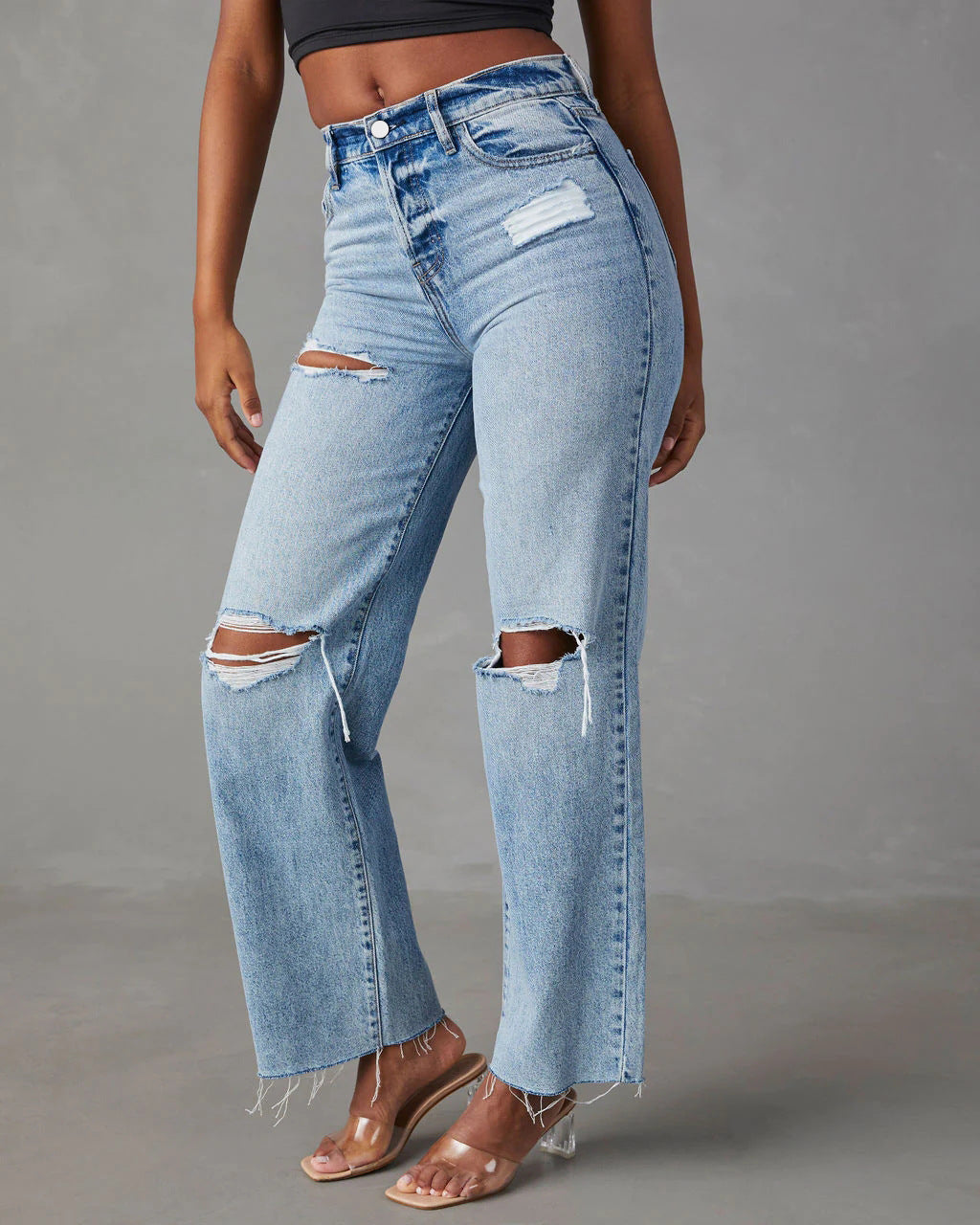 Women's High-Waist Ripped Raw-Hem Straight-Leg Jeans