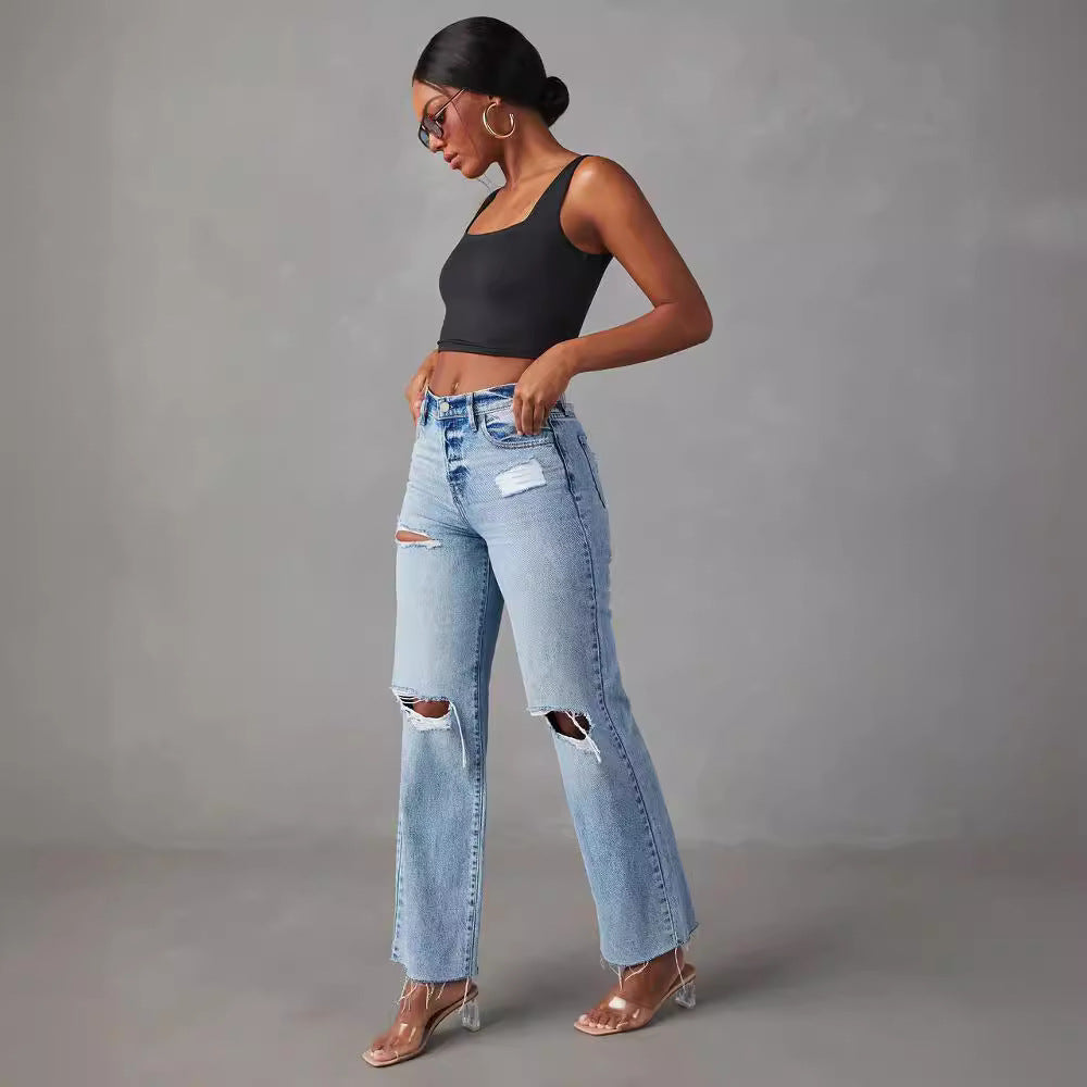 Women's High-Waist Ripped Raw-Hem Straight-Leg Jeans