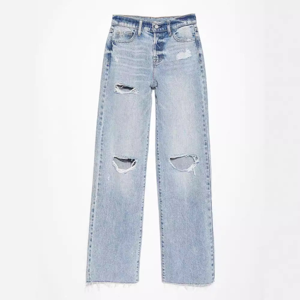 Women's High-Waist Ripped Raw-Hem Straight-Leg Jeans