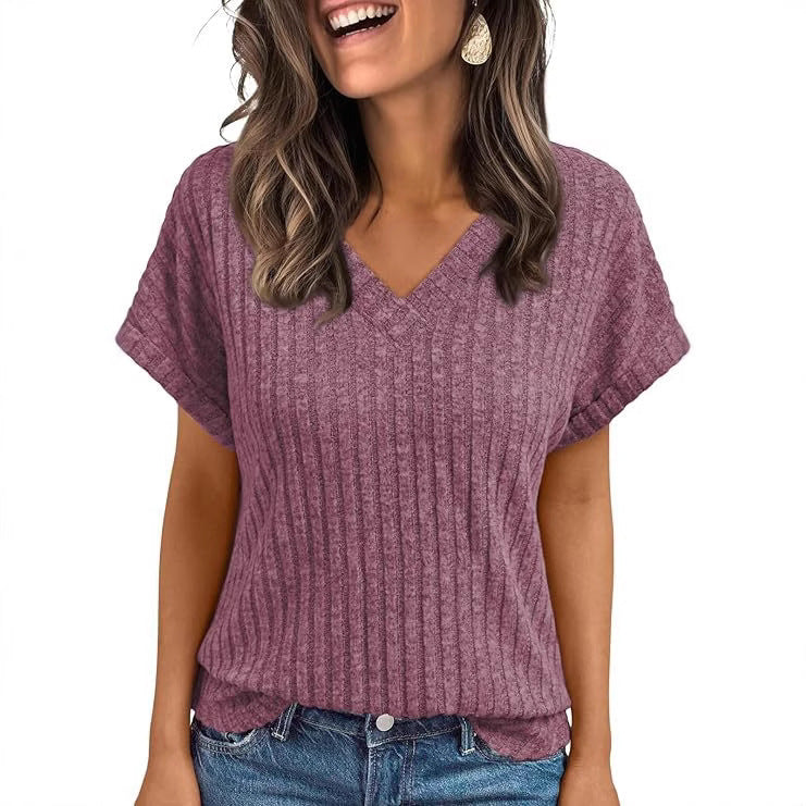 Women's V-Neck Corduroy Short-Sleeve Top