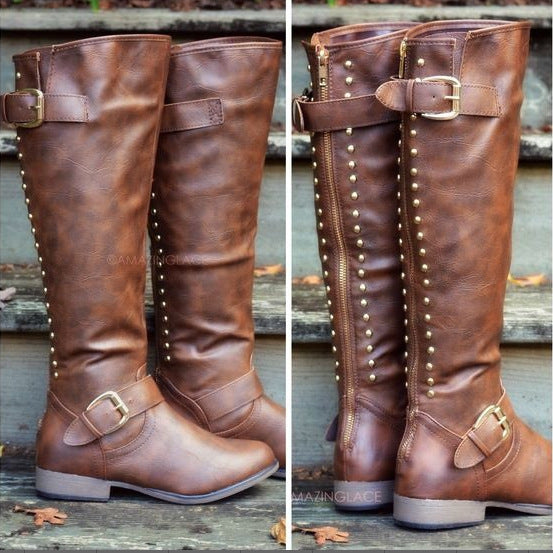 Women's Rivet Knight High Boots – Flat Heel
