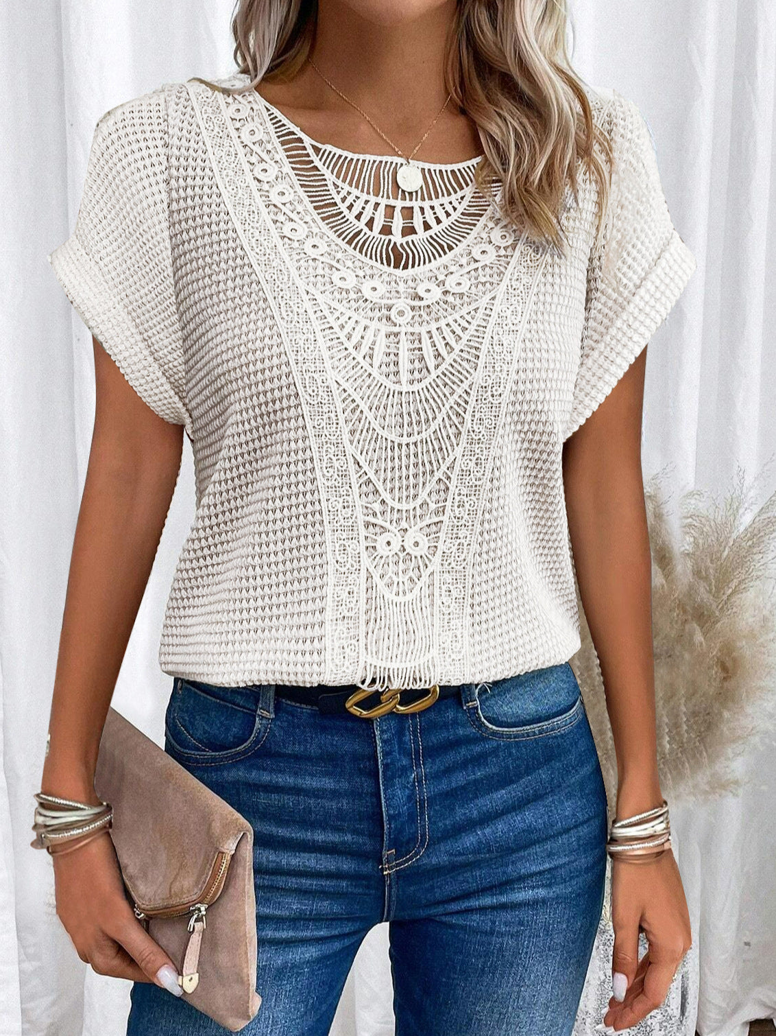 Women's Hollow-Out Ethnic Style Short-Sleeve Top
