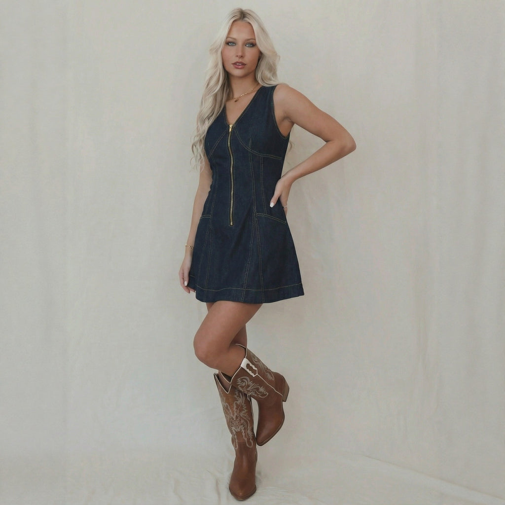 Women's Sleeveless V-Neck A-Line Denim Dress