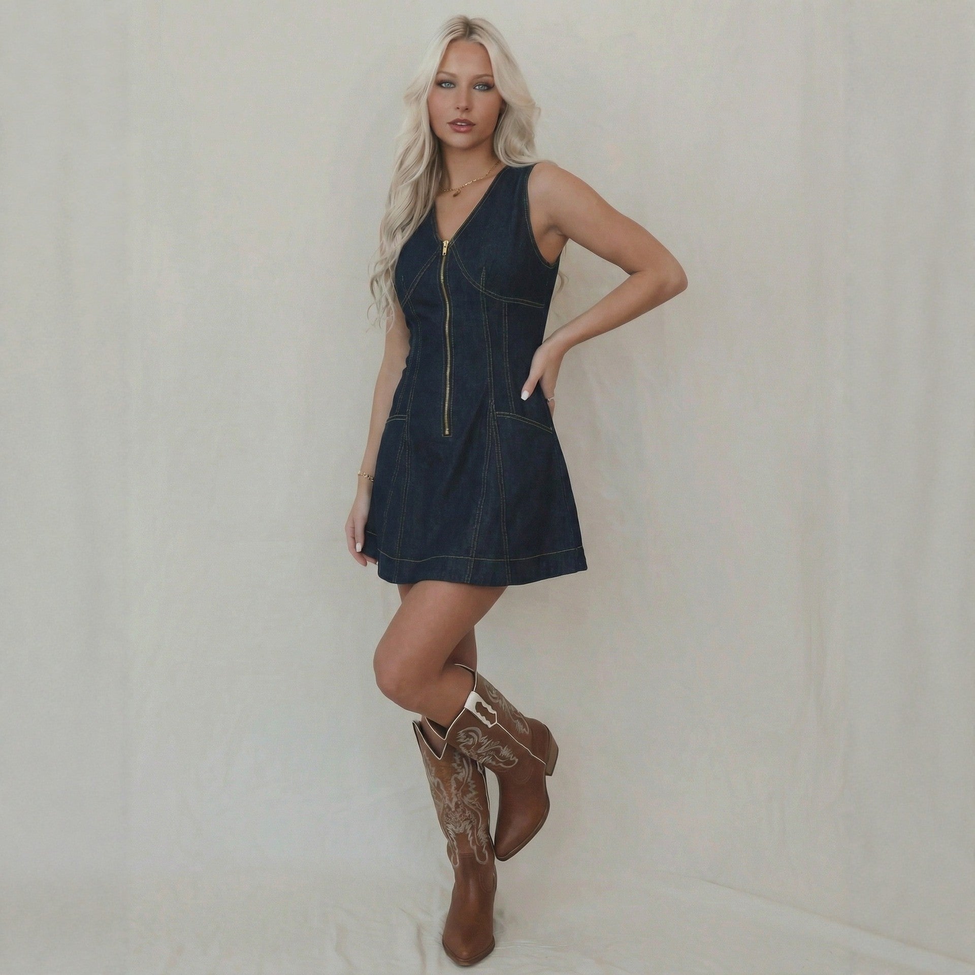 Women's Sleeveless V-Neck A-Line Denim Dress