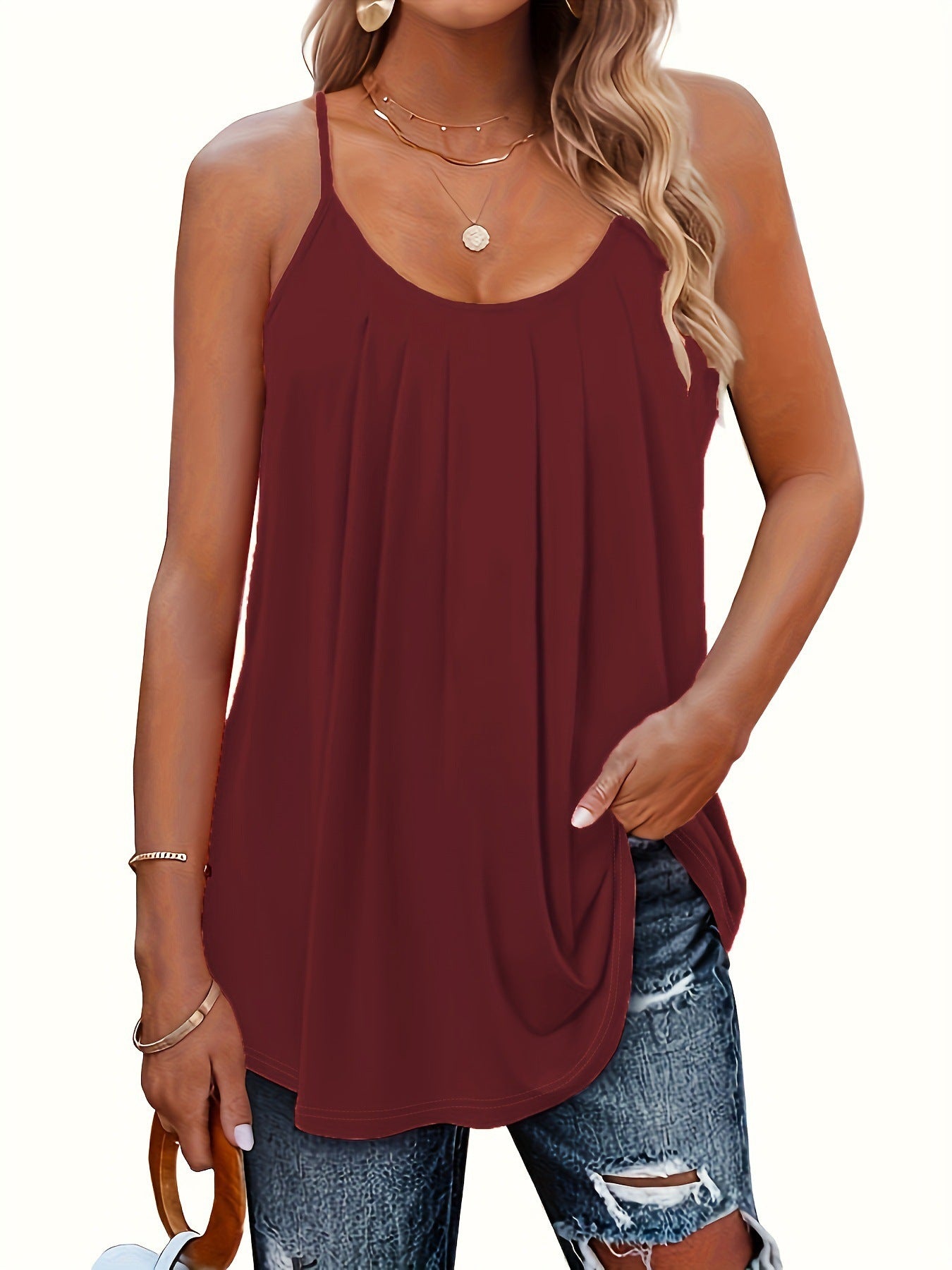 Pleated Keyhole Sleeveless Top