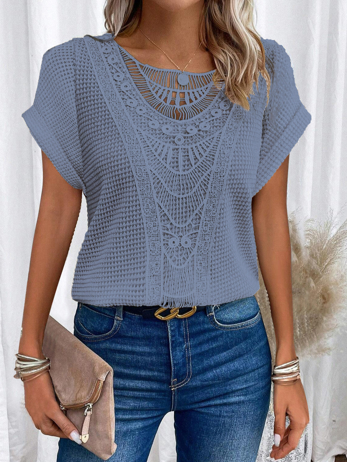 Women's Hollow-Out Ethnic Style Short-Sleeve Top