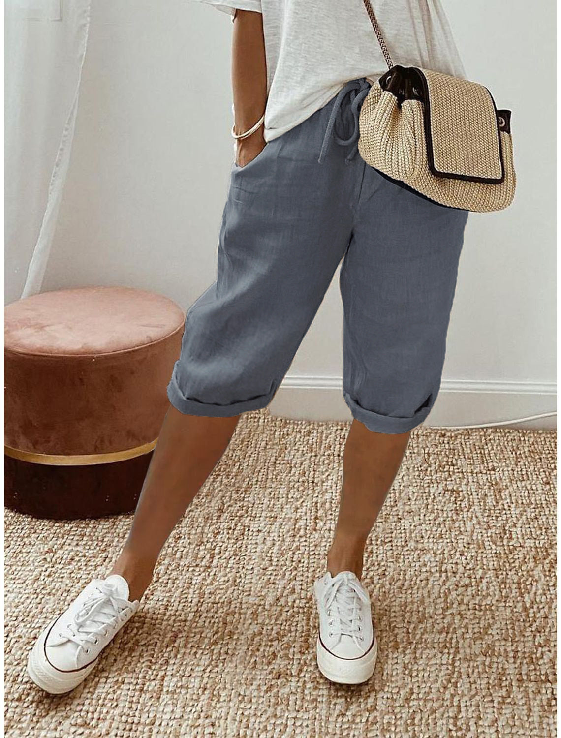 Women's Cotton-Linen Cropped Pants with Pockets