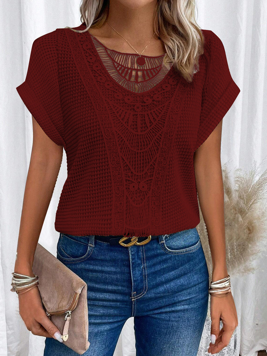 Women's Hollow-Out Ethnic Style Short-Sleeve Top