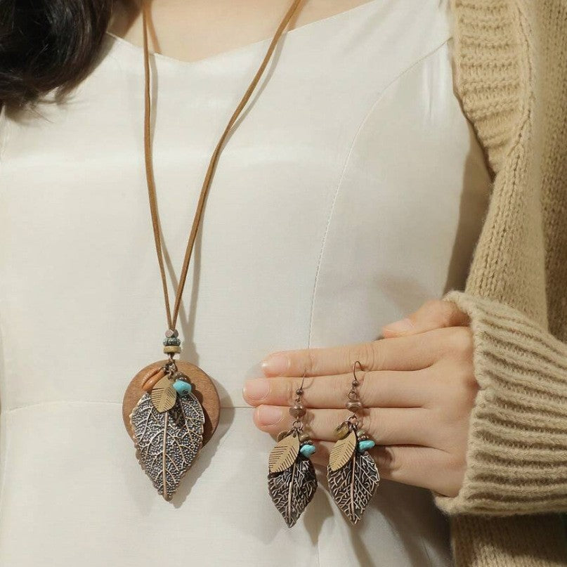 Women's Bohemian Leaf Necklace & Earring Set
