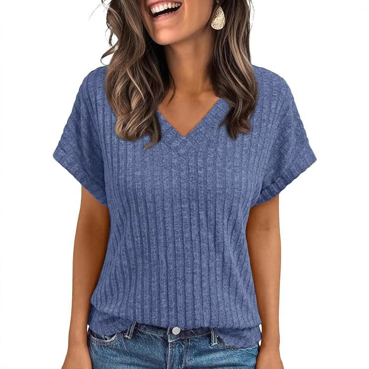 Women's V-Neck Corduroy Short-Sleeve Top