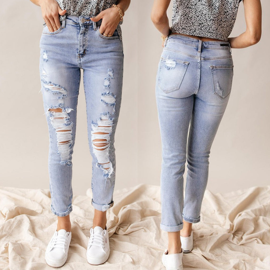 Women's High-Waist Washed Ripped Cropped Skinny Jeans
