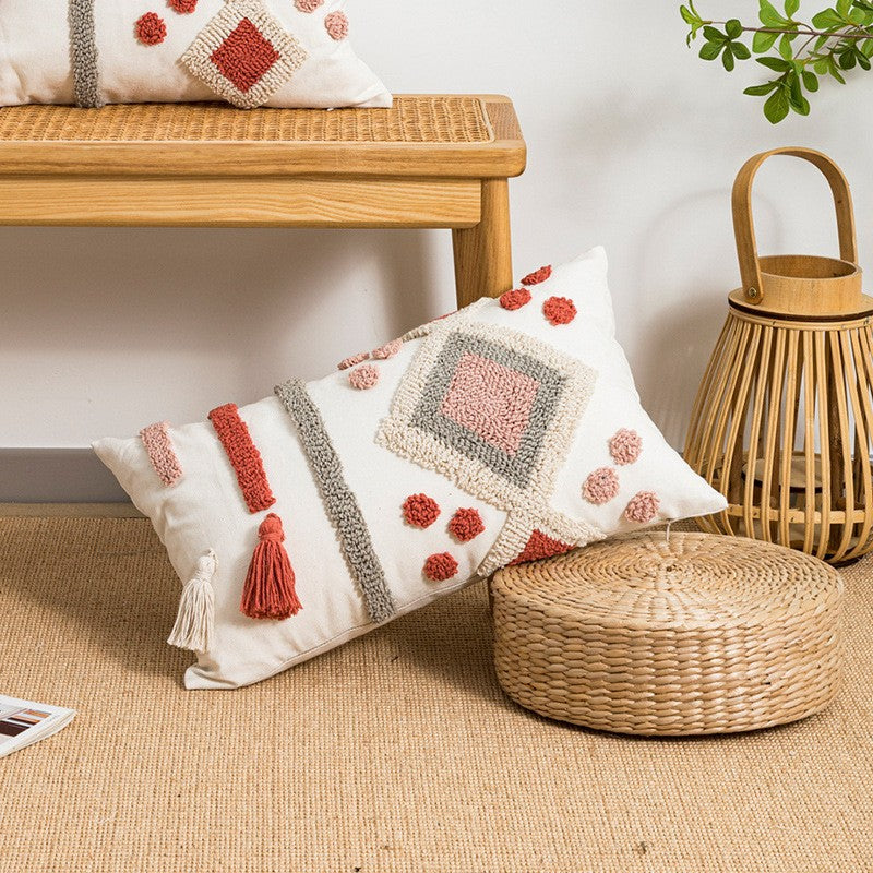 Bohemian-style Circular Velvet Embroidered Ethnic Tassel Throw Pillow Cover
