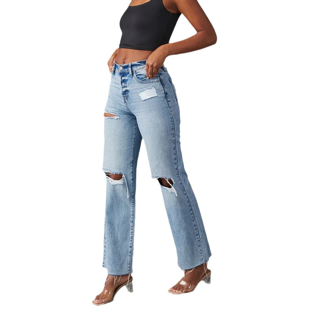 Women's High-Waist Ripped Raw-Hem Straight-Leg Jeans