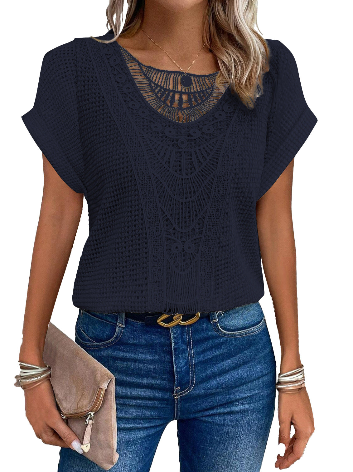 Women's Hollow-Out Ethnic Style Short-Sleeve Top
