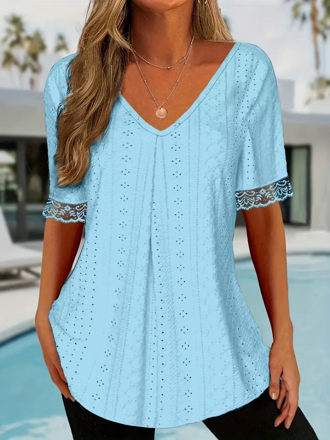 Womens Solid-Color V-Neck Loose Short-Sleeve Pleated T-Shirt Top
